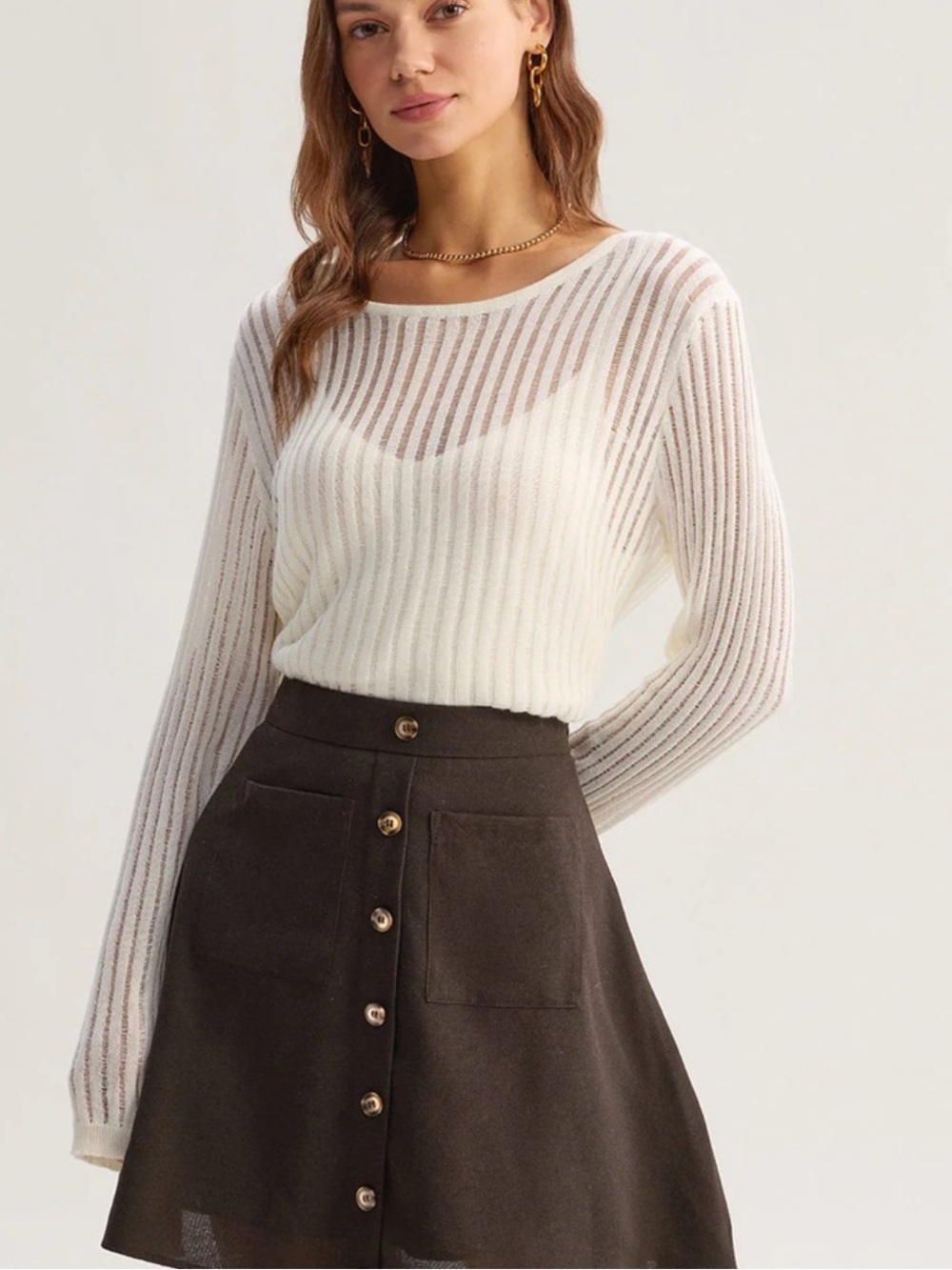 RIHOAS Brown High-Waisted A-Line Button-Down Skirt - Picture 2 of 6